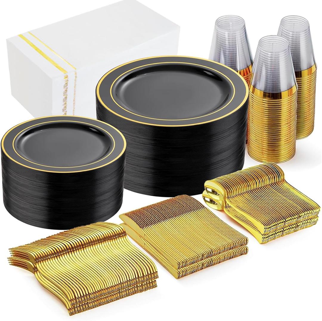 GATHER 350PCS Black Plastic Plates-Disposable Dinnerware Set Include 100PCS Black and Gold Plastic Plates, 150 Silverware, 50 Napkins, 50 Cups Perfect for Party & Wedding