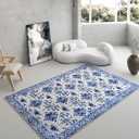Oriental Accent Vintage Blue Porcelain 5x7 Area Rug - Faux Wool Floral Print Rug, Retro Accent Washable Low Pile Rug, Foldable Non-Slip Non-Shedding Carpet, Decor Gift