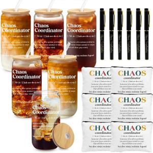 6 Set Employee Appreciation Gifts Bulk, Chaos Coordinator Gifts for Coworker Staff Teacher Nurses, Thank You Glasses Cups 16 oz Can Shaped Beer Glass Makeup Bag Ballpoint Pen for Women Men