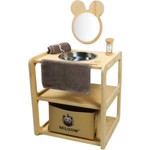Toddler Bathroom Sink with Bear Mirror, Montessori Kids Wash Station, Wooden Kids Sink with Storage Basket, Hand Washing Station, Self Care Station, Sand Timer & Towel, Practical Life Skills