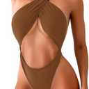 Kaei&Shi Sexy One Piece Swimsuit for Women,Cut Out Criss Cross Bathing Suit,Thong Monokini Swimsuits, Size L, Brown