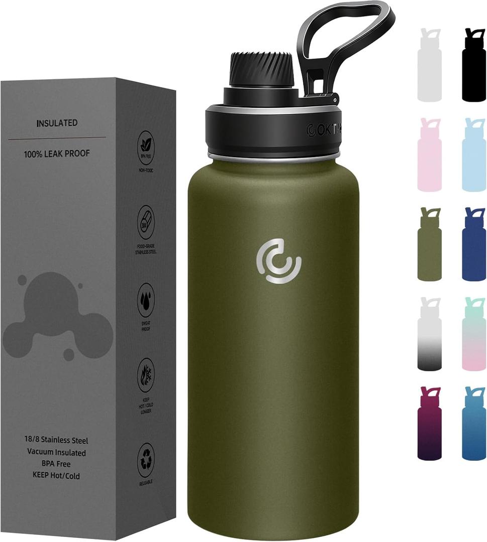 Sports Water Bottle 32oz, Insulated Water Bottle with Handle,Stainless Steel,Simple Modern,Suitable for Travel, School, Boy, Girl(Army Green)