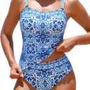 ZAFUL Women's Tummy Control Tankini Swimsuits Floral Print Two Piece High Waisted Bathing Suits Full Coverage Bikini Bottoms (Blue, L)