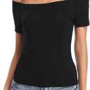 Fuinloth Women's Off Shoulder Tops, One Shoulder Shirts, Short Sleeves Sexy Slim Fit Tees (Black), XL