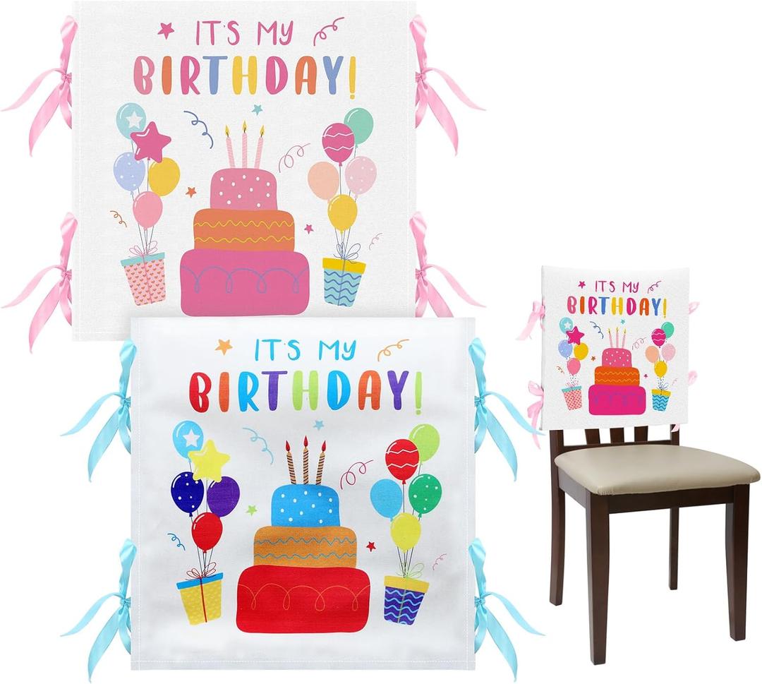 Tudomro 2 Pieces Birthday Chair Cover for Classroom It's My Birthday Chair Cover with Ribbons Cupcake Seat Back Decor for Kids Office Classroom School Home Dining Party Decor(Blue, Pink)