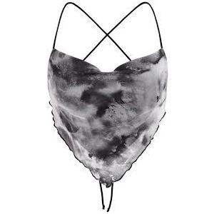 RoseSeek Women's Y2K Tie Dye Backless Mesh Halter Tops Crisscross Crop Lettuce Trim Bandana Camisole Top Black and White Small RoseSeek Women's Y2K Tie Dye Backless Mesh Halter Tops Crisscross Crop Lettuce Trim Bandana Camisole Top Black and White Small