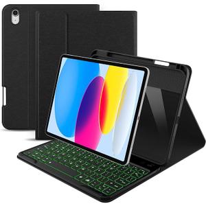 ABSONE for iPad A16 11th 10th Generation Case with Keyboard, 7 Colors Backlit Detachable Wireless Folio Keyboard Cover with Pencil Holder for iPad A16 11 inch Gen 2025 10th Gen 10.9 Inch 2022 Black