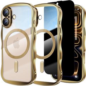 Misscase for iPhone 16 Case with Privacy Screen Protector,Compatible with MagSafe,Cute Wave Frame Anti-Scratch Case with Camera Lens Protector Plating Bling Case for iPhone 16 6.1" Women Gold