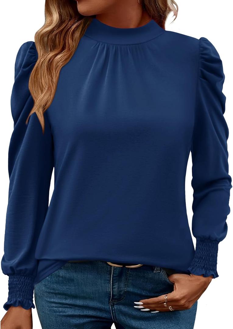 LUYAA Puff Long Sleeve Shirts for Women Tops Dressy Casual Frill Mock Neck Smocked Cuffs Blouses (XX-Large, Blue)