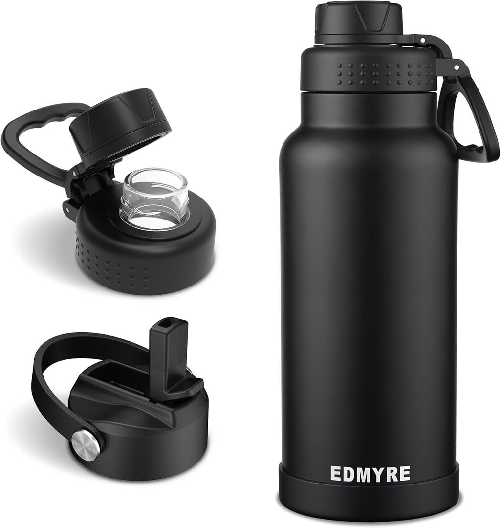 32 oz Insulated Water Bottle with Straw Lid & Twist Lid, Stainless Steel Vacuum Flask with Silicone Boot, Leakproof, Keeps Cold 24H / Hot 12H, Wide Mouth for Travel, Gym & Sports, Black