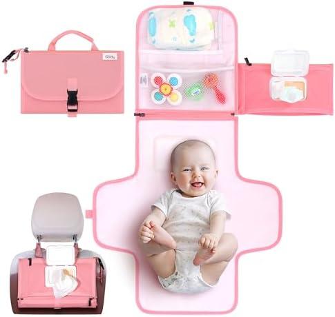 Kopi Baby Portable Diaper Changing Pad - Baby Diaper Changer Travel Bag with Wipes Pocket, Smart Design Portable Changing Mat, Infant Travel Station Kit, Gift for Newborn Girl & Boy - Pink, Classic