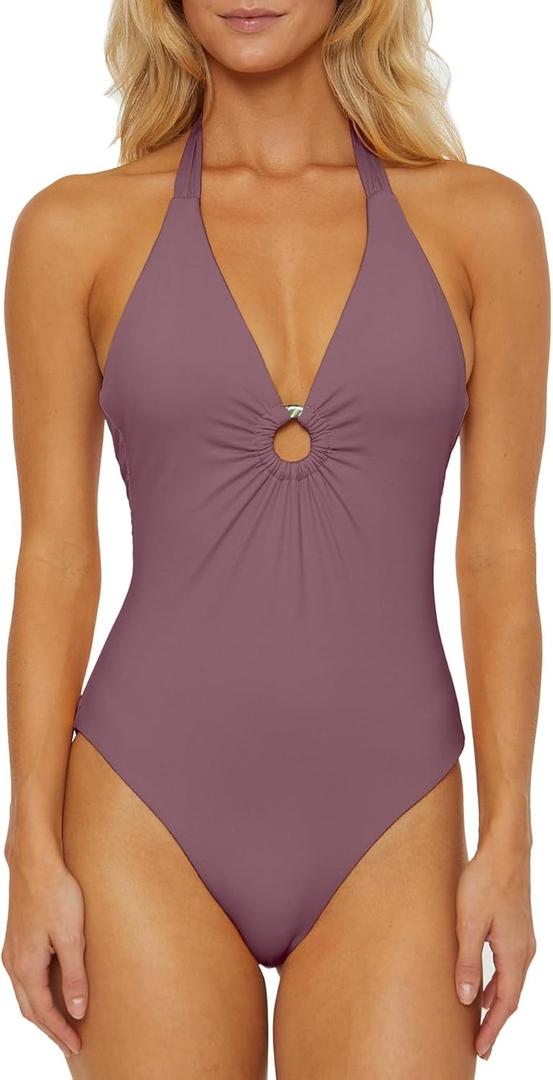 Women's Plunge Halter Maillot One Piece Swimsuit, Adjustable, Tie Back, Bathing Suits (X-Large, Fog)