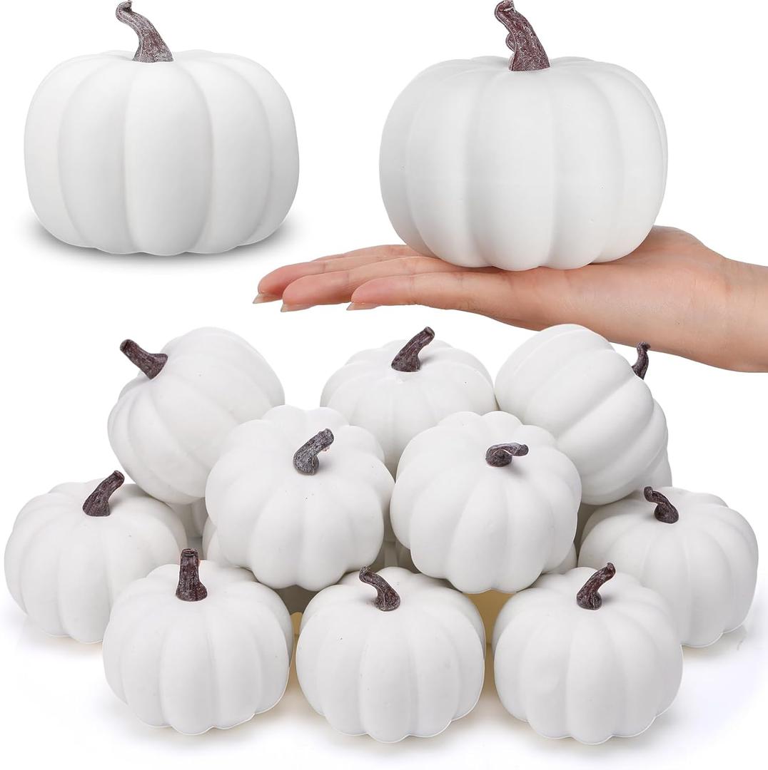 Liliful 12 Pack 4 Inch Fall Harvest White Artificial Pumpkins Crafts Rustic Decorative Pumpkin Foam Pumpkins Decoration for Halloween Thanksgiving Wedding Dining Table Centerpiece Decorating