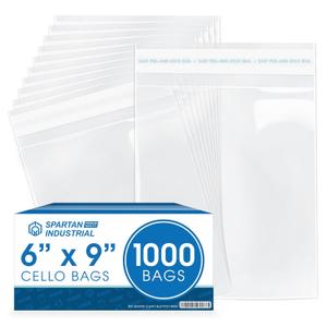 Spartan Industrial - 6" X 9" (1000 Count) Crystal Clear Resealable Cello Poly Bags for Packaging, T Shirts, and More - Self Seal & Reinforced