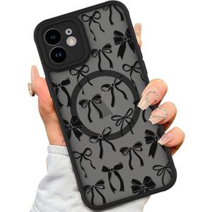 AIGOMARA Case for iPhone 11 [Compatible with MagSafe] Black Ribbon Bow Pattern Design Soft TPU Bumper Hard PC Back Anti-Fall Shockproof Protective Slim Magnetic Cover for Women Girls