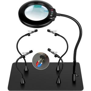 Soldering Helping Hands 10X Magnifying Glass with light and Stand PCB Holder, Drdefi Soldering Station Third Hand Tools Magnifier with Thickening Alligator Clip Large Magnetic Base for Repairing