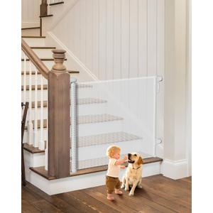 Retractable Baby Gate for Stairs - 55" Wide Mesh Dog Gate Indoor, Two-Step Safety Lock, 34" Tall Child Gate for Doorways, Hallways, Deck, Indoor Outdoor Garage, White
