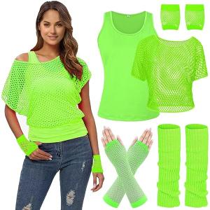 WILDPARTY Women Casual Sexy 80s Costumes Fishnet Neon Off Shoulder T-Shirt, Size: L