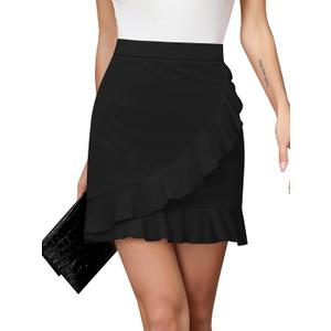 Missufe Women's Summer Casual Wrap Ruffle Hem High Waist Stretch Solid Mini Short Skirt (Black, X-Small)
