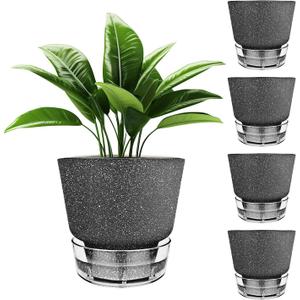 2024 Upgraded 5 Pack 6-Inch Self-Watering Planter Pots with Deep Reservoir for Indoor and Outdoor Plants with Planting Tools (Frosted Black)