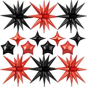 14pcs Black Red Star Balloons, Mixed Star Foil Balloon, 22Inch Explosion Stars Balloons with 10Inch Stars Shaped Balloon, for Graduation Birthday Anniversary BBQ Casino New Year Party Decorations