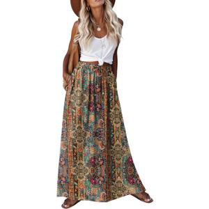 Zeagoo Women's 2026 Boho Floral Skirt Casual Elastic High Waist Maxi Skirts Flowy A Line Beach Long Skirt with Side Pockets