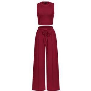 PRETTYGARDEN Women's Summer 1Piece Loungewear Set Cropped Tank Top Wide Leg Sweatpants Tracksuit Casual Outfits M RedWine