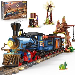 Western Train Building Set with Lights, 1912 PCS West Trains Static Display Model Toy with Tracks Windmill Water Tower, Home Office Decor Building Blocks for Adults Teens Big Boys Girls 12+