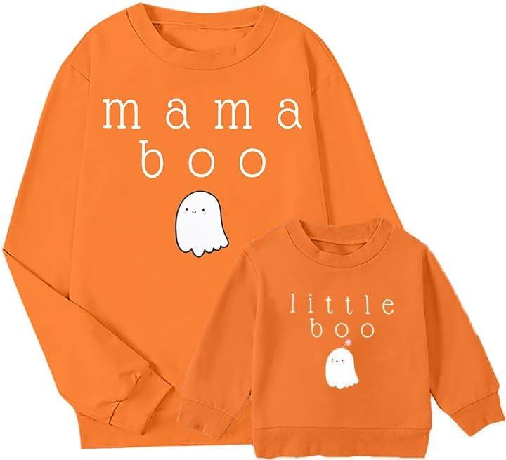 JINTING Mommy and Me Matching Outfits Halloween Little Boo Sweatshirt Spooky Mama Long Sleeve Shirt Tops (Orange)