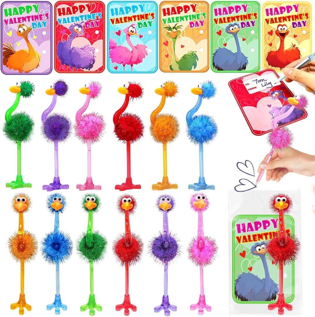 Valentines Day Gifts for Kids  24 Pack Valentines Stationery Sets with Flamingo Ostrich Ballpoint Pens Valentines Day Card for Kids School Classroom Exchange Gifts Party Favors, Classroom Prizes