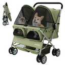 Double Pet Stroller for 2 Small Dogs & Cats, Side-by-Side Twin Travel Carriage with Safety Leashes, Mesh Windows & Double Storage Baskets, Lightweight & Foldable, 44lbs Capacity, Green