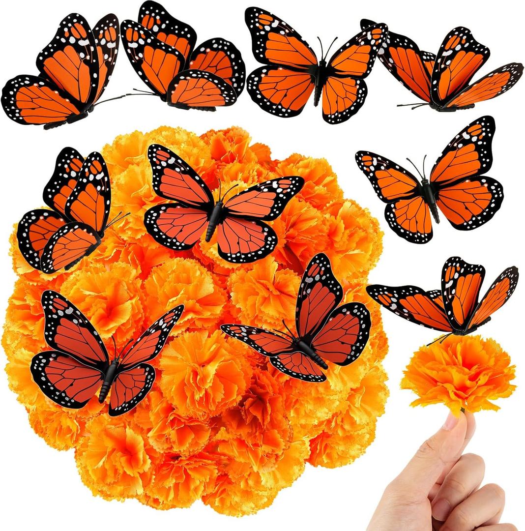 120pcs Marigold Flowers Heads with Monarch Butterfly Decorations, Marigold Garland for Wedding Party Day of The Dead Halloween Diwali Decorations