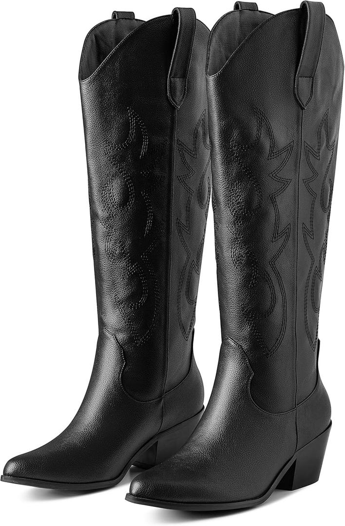 Erocalli White Cowgirl Boot Cowboy Boots for Women Embroidered Pull-On Chunky Stacked Heel Knee High Western Boots, (W9, Black)