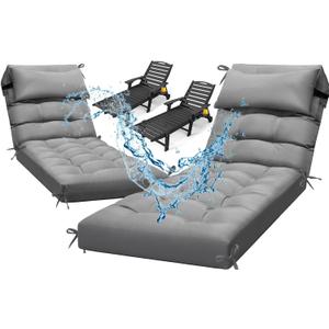 Waterproof Lounge Chair Cushion Set of 2, Outdoor Fade Resistant Chaise Lounger Replacement Cushions with 6 Ties, Thickened Memory Foam Pool Lounge Chair Cushions, 76 x 22 x 4.7 Inches, Gray6#, 2 Pack