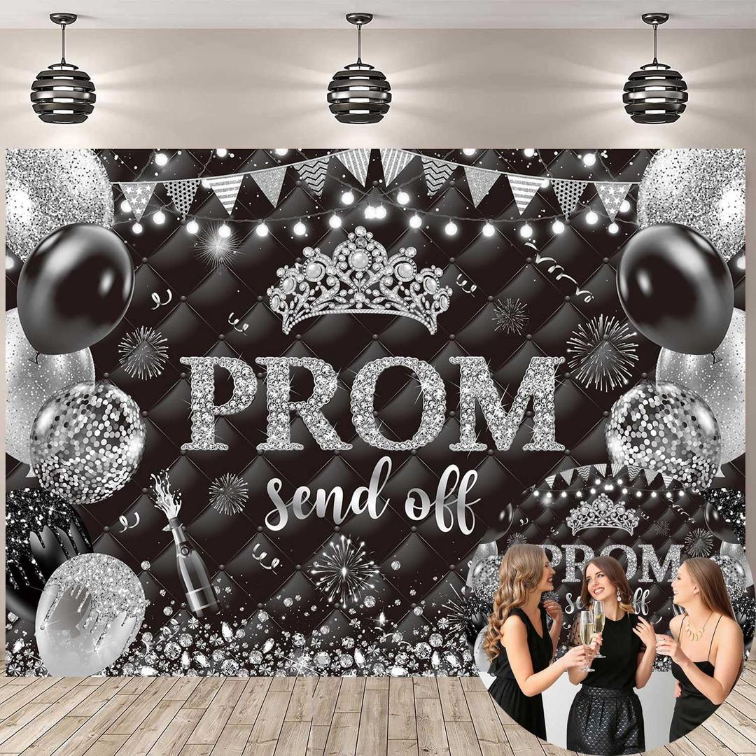 Prom Send Off 2026 Backdrop 7x5FT Black and Silver Balloon Champagne Crown Congrats Grad Photography Background 2026 Celebrate Graduation Party Decorations Supplies Photo Props