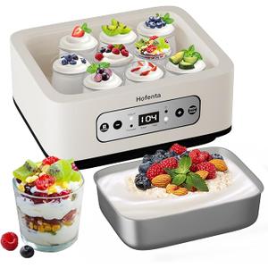 Hofenta 1.7 Quart Yogurt Maker with Stainless Steel Bowl, 9 Glass Jars, Digital Timer, Temperature Control, BPAFree, EasytoUse, FamilySized for Homemade Probiotic Yogurt, Dishwasher Safe