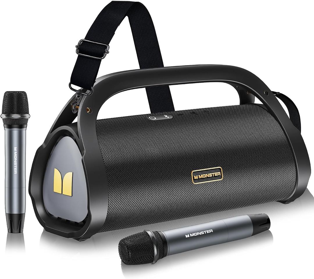 Monster Adventurer Max Bluetooth Speaker with Two Wireless Microphones, IPX7 Waterproof Outdoor Speaker with 100W Powerful Stereo Sound, Portable for Home, Party, Camping, Gold