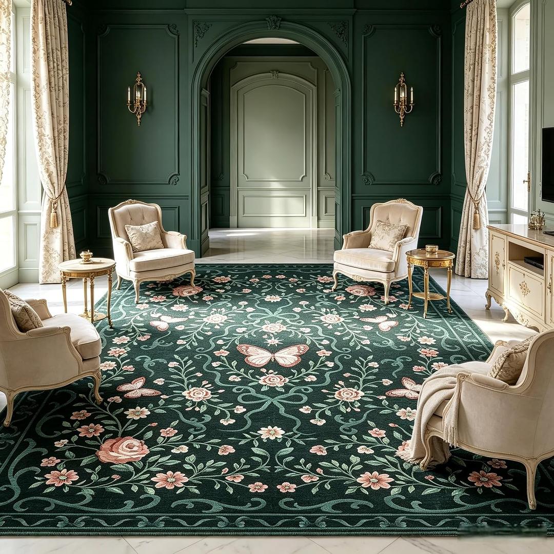 GarveeHome Area Rugs 9x12 Living Room Floral Rugs Non Slip Washable Large Bedroom Throw Carpet Stain Resistant Low Pile Black Green Bow Rugs Soft Boho Bow Flower Carpets for Nursery Home Decor