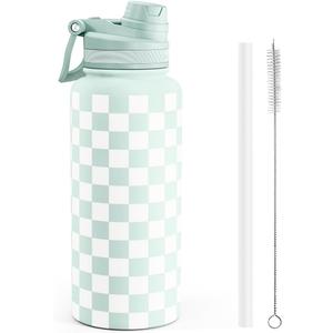 Checker Stainless Steel Water Bottle with Strap 32oz, Insulated Bottles with Straw and Spout Lid for Gym Sports Travel Outdoor, Gifts for Women Girls Birthday Christmas