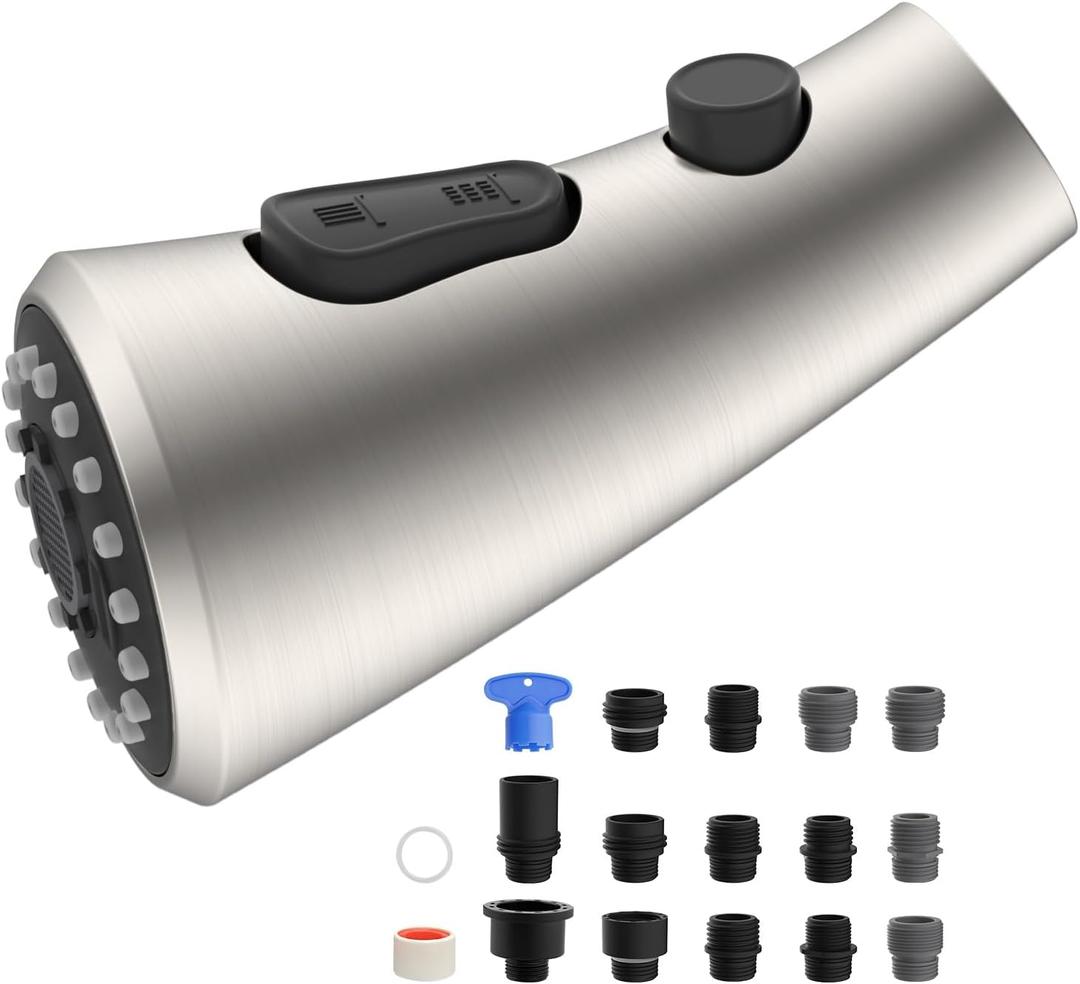 Hibbent Curved Pull Down Kitchen Faucet Head Replacement, 3-Function Kitchen Sink Spray Nozzle with 14 Adapters, Anti-Splash, Compatible with Kohler Bent Faucets, Brushed Nickel