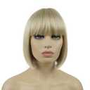 Straight Short Bob Hair Flat Bangs Cute Central Dot Skin Top Heat Resistant Synthetic Wigs, Blonde