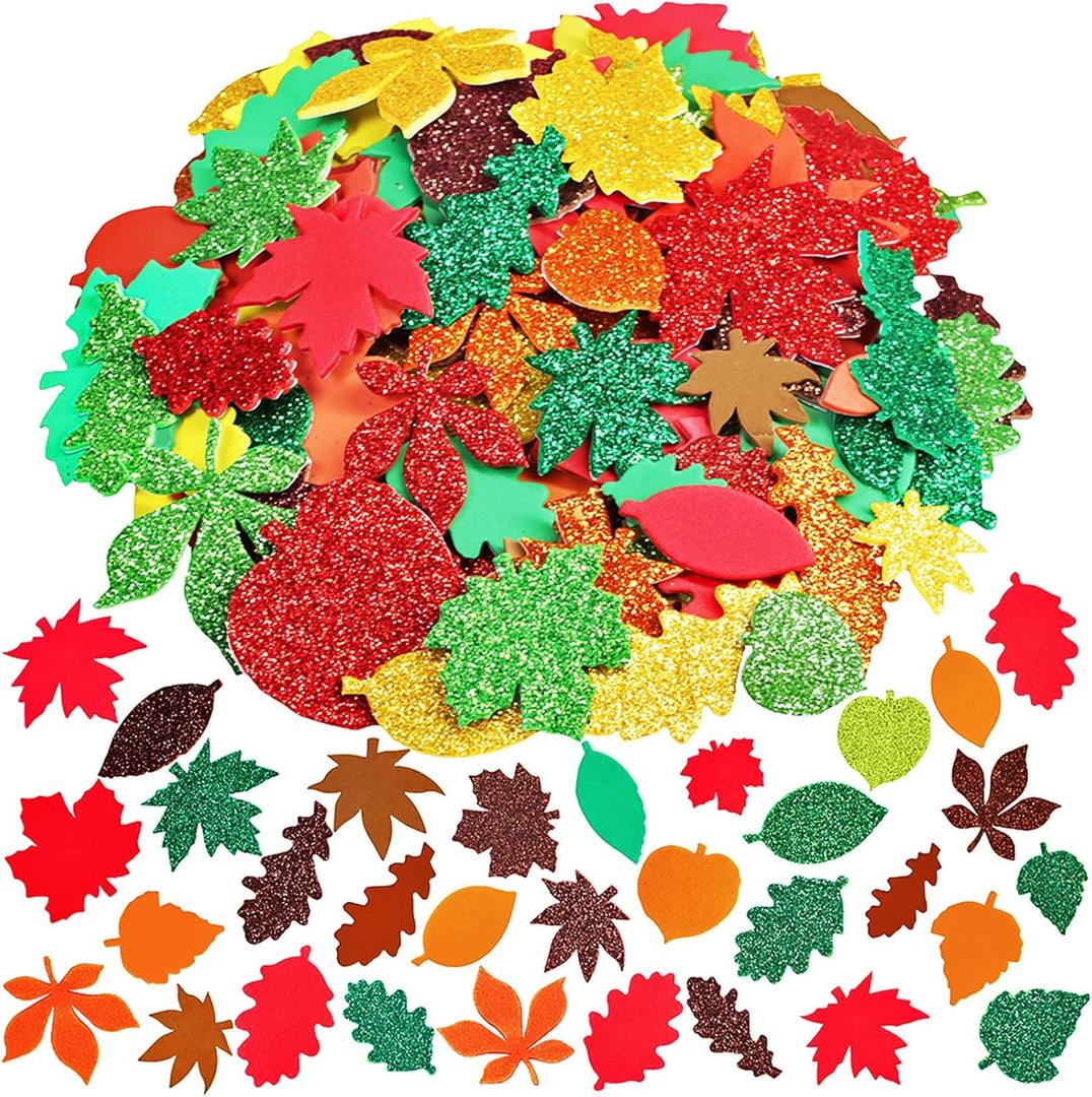 2 x Winlyn 504 Pcs Assorted Foam Fall Leaf Stickers - Self-Adhesive Bulk Maple Oak Shaped Glitter Leaves for Kids Craft, Gift, Halloween, Thanksgiving, Scrapbooking, Cards Decoration