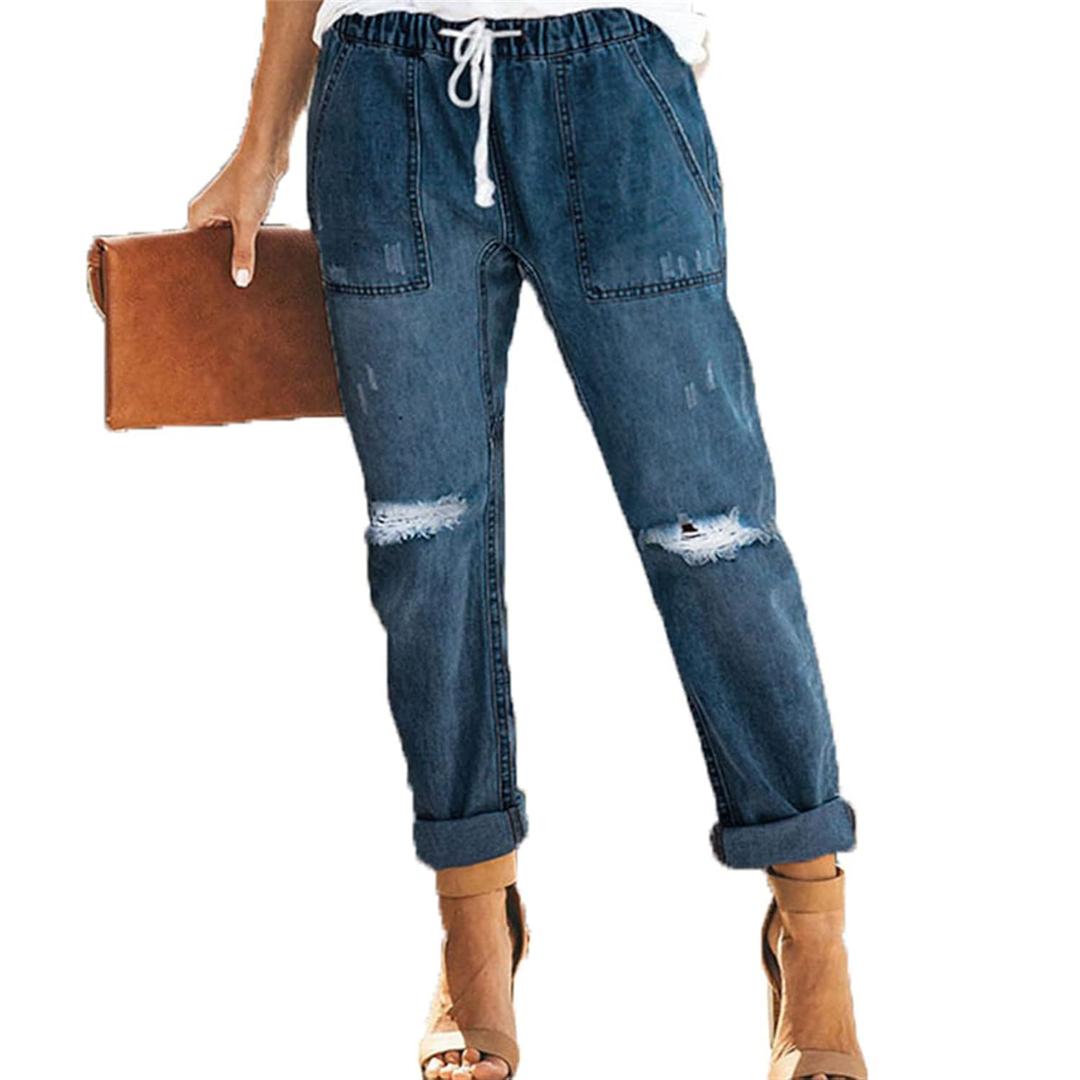 Womens Casual Pull-on Distressed Stretch Jean Straight Leg Destroyed Ripped Denim Pant Elastic Waist Jean Joggers Pants (Small,Dark Blue)