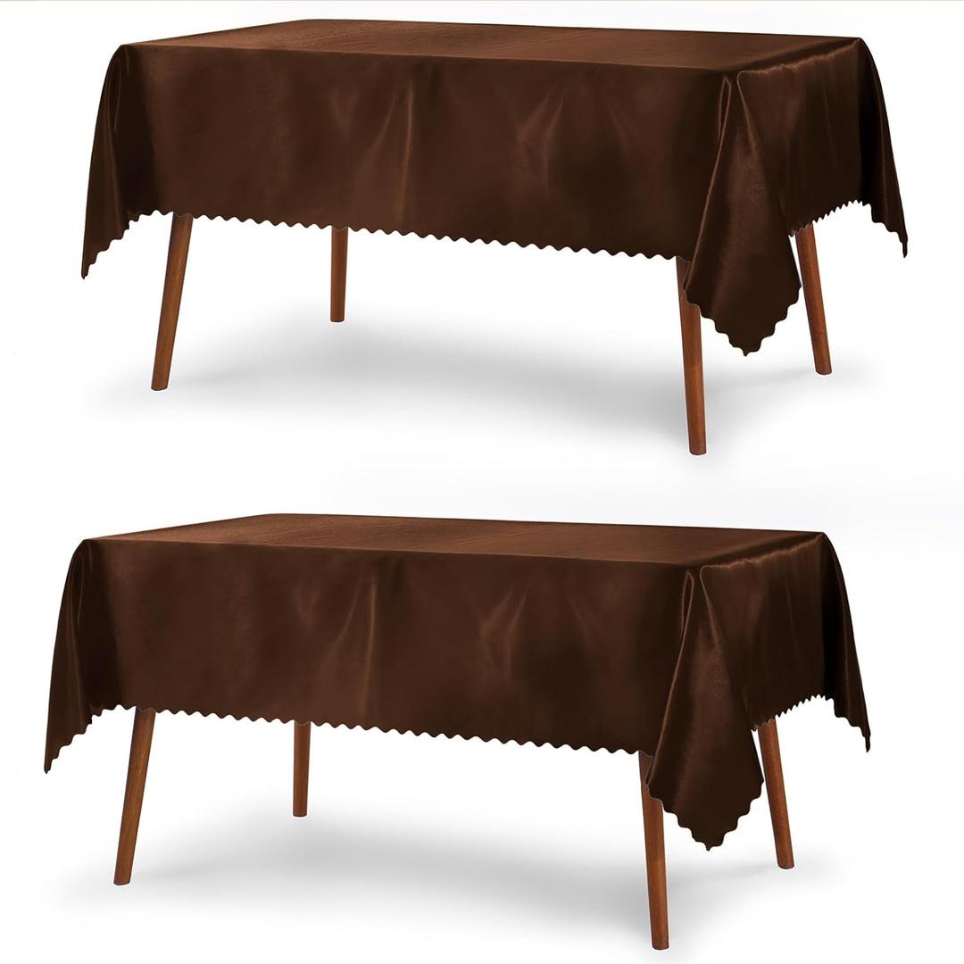 P Pothuiny 2 Pack Chocolate Brown Satin Tablecloth 60 x 120 Inches Rectangle Table Cloth Cover Overlay Bright Smooth Fabric Decoration for Wedding Banquet Party Dining
