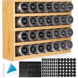 Bamboo Spice Rack Organizer With 28 Spice Jars, 780 Labels, 4 Tier Wood Hanging Shelf, Chalk Marker and Funnel Set for Drawer Cabinet Kitchen Countertop Wall Mount, Empty 4 oz Glass Jar & Shaker Lids