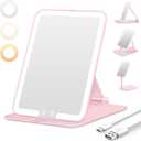 Travel Makeup Mirror with 3 Dimmable Color Lights, Portable Foldable LED Lighted Travel Makeup Mirror, Rechargeable Compact Vanity Mirror with Light, Adjustable Height and Angle for Desk, Pink
