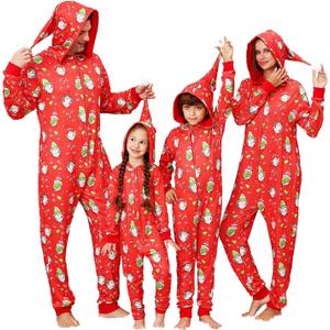 ANGELGGH Family Matching Christmas Onesie, Cute Vacation Xmas Print One Piece Pajamas, Hooded Holiday Sleepwear Nightwear PJs (Red, M)
