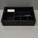 Paper Plate Dispenser with Utensil Caddy, Rustic Wooden 6-Compartment Flatware Organizer for Kitchen Counter, Picnic & Parties (Black)