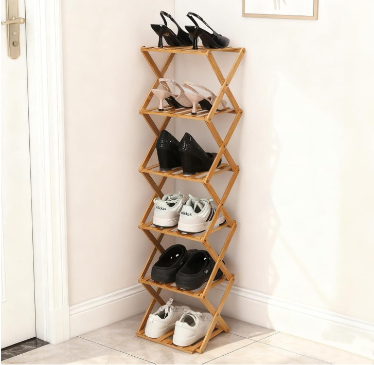 Fengzhizhu Bamboo Shoe Rack 6 Tier Foldable Shoe Rack Narrow Vertical Shoe Organizer Free Standing Shelf, Multifunctional Slim Storage for Entryway, Corner, Bedroom, Hallway, Wood Color