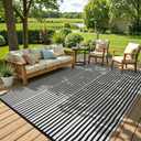 LEEVAN Outdoor Rug Waterproof for Patio Clearance Black and White Camping Rug 8x10 Plastic Straw Striped Floor Carpet for Backyard, Picnic, RV, Deck, Bench, Balcony